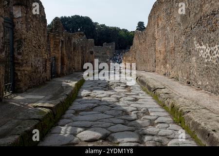 Gepflasterte Straße im Archäologischen Park von Pompeji, Neapel, Italien. Stockfoto