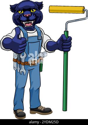 Panther Painter Decorator Paint Roller Mascot Man Stock Vektor