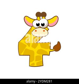 Cartoon-Giraffe Nummer 4, Figur 4. Zeichentrick der Zahl mit einem Tierkonzept. Kalligrafie, Schriften, Typografie für Ihre Bildungskarten oder Ihr Spiel Stock Vektor