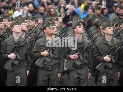 Wien, Österreich. Oktober 2024. Österreichische Rekruten werden während der Feierlichkeiten zum Nationalfeiertag am 26. Oktober 2024 in Wien überprüft. Quelle: He Canling/Xinhua/Alamy Live News Stockfoto