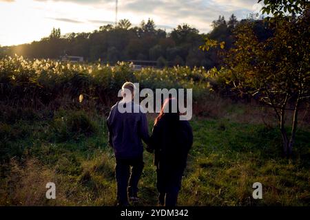 15-jähriges Teenagerpaar, verliebt, spielt im Schilf bei Sonnenuntergang Stockfoto