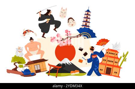 Reisen Sie nach Japan, japanische Kulturelemente und berühmte Architektur in Infografik-Collage. Geisha Tanz und Samurai mit Schwert, Sumo Wrestler, Berg Fuji und Sakura Zweig Cartoon Vektor Illustration Stock Vektor