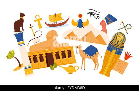 Reisen Sie nach Ägypten, antike Kulturelemente und berühmte ägyptische Wahrzeichen, alte Zivilisationsarchitektur in Infografik-Collage. Kleopatra und Katze, Pyramide und Pharao Mumie Cartoon Vektor Illustration Stock Vektor