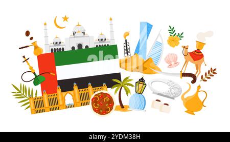 Reisen Sie in die Vereinigten Arabischen Emirate, kulturelle Elemente und berühmte Wahrzeichen, Speisen in Infografik-Collage-Banner. Flagge und Palme der Oase der Vereinigten Arabischen Emirate, Moschee von Dubai und Kamel-Karikaturvektor-Illustration Stock Vektor