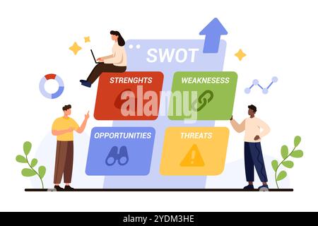 SWOT-Analyse für Unternehmensstrategie, Infografik-Darstellung mit vier Elementen. Winzige Leute vergleichen Stärke und Schwäche, Chancen und Bedrohung in SWOT Matrix Cartoon Vektor Illustration Stock Vektor