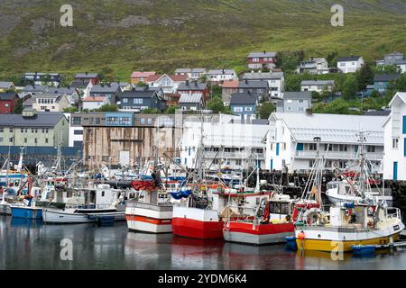 Honningsvag, Norwegen - 07.03.2024: Schiffe im Hafen von Nordkap in Honningsvag, Norwegen Stockfoto