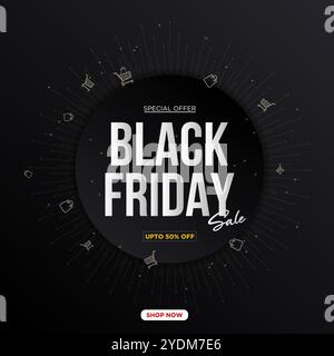 Black Friday Sale Banner, Poster Design Vorlage, Typografiebanner für Black Friday Sale, Burst Effekt, Einkaufstasche und Einkaufstasche Stock Vektor