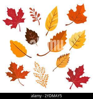 Satz von herbstgelben trockenen Blättern des Vektors. Clipart ist auf weißem Hintergrund. Isolierte flache Illustration mit braunen Pflanzen zum Design, Grußkarte, Banner Stock Vektor