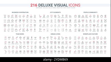 Teamwork und Schulungen für Unternehmen, Menschen aus der Gemeinschaft, Mitarbeiter am Arbeitsplatz und Bürokultur. Städtische Infrastruktur, öffentliche Verkehrsmittel dünne schwarze und rote Umrisssymbole Vektorillustration Stock Vektor