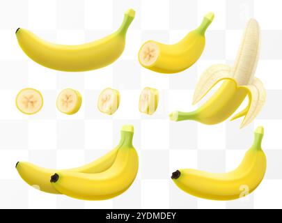 Frische tropische Banane isoliert auf transparentem Hintergrund. Ganze Banane, in Hälften schneiden und Bananen. Geschält und in Scheiben geschnitten für Bio-Saft oder Stock Vektor