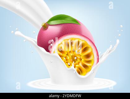 Exotische, tropische Passionsfrucht in einem Spritzer Joghurt oder Milch, Cocktailspritzer mit Tropfen, Milchshake Spritzen mit Reifen lila Passionsfrucht. Realistisch 3D Stock Vektor