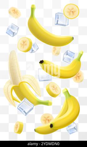 Reife Bananen und Eiswürfel mit Blättern in wirbelnder Bewegung. Zusammensetzung von ganzen gelben Bananen und halbgeschälten Bananenfrüchten, 3D-realistisches Vektorillustrat Stock Vektor