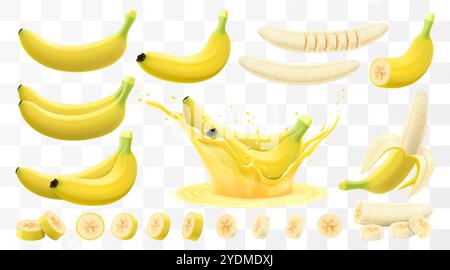 Frische tropische Banane isoliert auf transparentem Hintergrund. Ganze Banane, in Hälften schneiden und Bananen. Geschält und in Scheiben geschnitten für Bio-Saft oder Stock Vektor