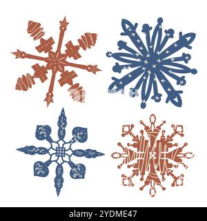 Schneeflocken. Set aus Dekorationselementen für Winter und Weihnachtsfeiertage. Vektor Hand gezeichnet flache Sammlung Illustration isoliert auf weißem Hintergrund. Stock Vektor