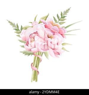 Brautstrauß aus weißen rosa Pfingstrosen und Farnblättern mit Seidenband Aquarellillustration. Kleine Gartenrosenblume Stockfoto