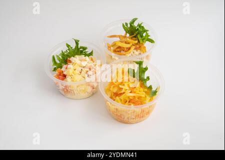 Drei durchsichtige Kunststoffbehälter mit verschiedenen Salaten und Pommes Frites, garniert mit frischem Gemüse. Stockfoto