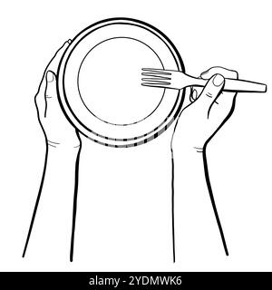 Chef Hände halten einen Teller und eine Gabel, Umrissvektor Kritzelillustration Vektor Skizze für Lebensmittel Banner, Cafés, Restaurants, Kochkurse. Kochen Stock Vektor
