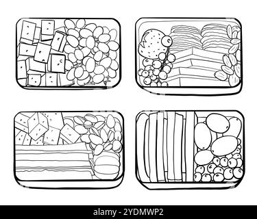 Lunch Boxen Draufsicht Umrissvektor-Illustration Set. Essen zum Mitnehmen isoliert auf weißem Hintergrund. Sammlung verzehrfertiger Speisen zum Mitnehmen. Fisch, Gemüse Stock Vektor