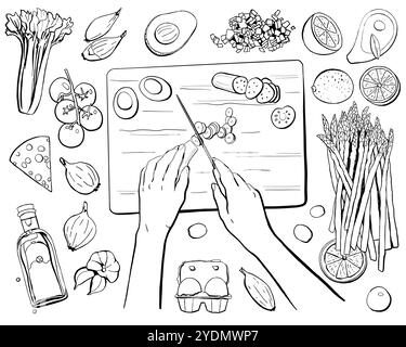 Menschliche Hände schneiden Gemüse auf einem Schneidebrett, Lebensmittelzutaten. Koch-Hände bereiten Gemüse, Gurken, Tomaten, Gurkenscheiben, Avocado, ol Stock Vektor