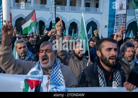 Besiktas, Istanbul, Türkei. Oktober 2024. Während eines protestmarsches von der Barbaros-Hayrettin-Pasa-Moschee vor dem israelischen Konsulat in Istanbul rufen Demonstranten onÂ 27. Oktober Â 2024 Slogans. (Kreditbild: © Tolga Uluturk/ZUMA Press Wire) NUR REDAKTIONELLE VERWENDUNG! Nicht für kommerzielle ZWECKE! Stockfoto