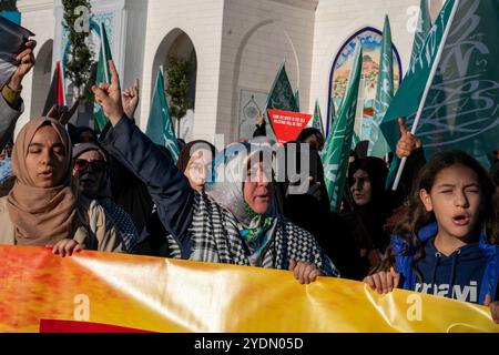 Besiktas, Istanbul, Türkei. Oktober 2024. Während eines protestmarsches von der Barbaros-Hayrettin-Pasa-Moschee vor dem israelischen Konsulat in Istanbul rufen Demonstranten onÂ 27. Oktober Â 2024 Slogans. (Kreditbild: © Tolga Uluturk/ZUMA Press Wire) NUR REDAKTIONELLE VERWENDUNG! Nicht für kommerzielle ZWECKE! Stockfoto