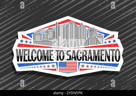 Vektor-Logo für Sacramento, dekoratives geschnittenes Papierabzeichen mit Linienillustration der städtischen sacramento Stadtlandschaft auf Tageshimmel Hintergrund, Kunstdesign Kühlschrank Stock Vektor