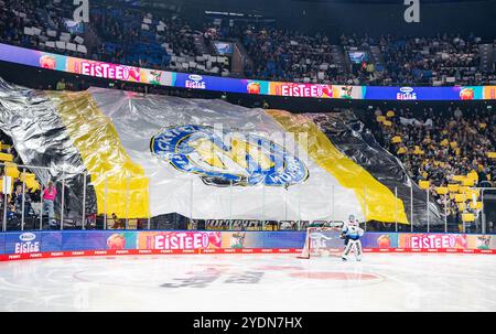 Choreographie in der Münchner Nordkurve waehrend der Starting Six hinter Devin Williams (Torwart, ERC Ingolstadt Panther, #31). GER, EHC Red Bull München vs. ERC Ingolstadt Panther, Eishockey, DEL, 13. Spieltag, Saison 2024/2025, 27.10.2024. Foto: Eibner-Pressefoto/Franz Feiner Stockfoto