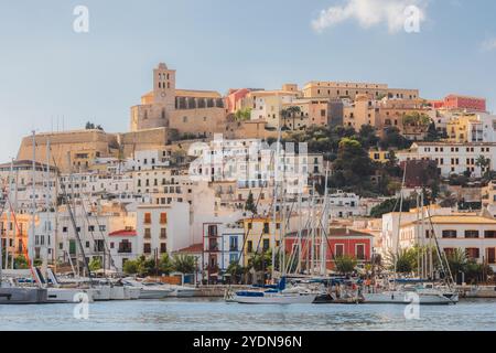 Hafenblick auf die historische Altstadt von Ibiza, auf den spanischen Balearen an einem sonnigen Sommertag. Stockfoto