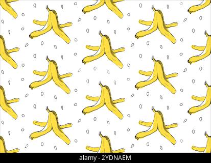 Nahtloses Muster aus Bananenschalen. Nahtloser Druck aus organischem Abfall aus Bananenhaut und farbenfrohem, gelbem Fruchtmüll. Vektortextur. Bio foo Stock Vektor