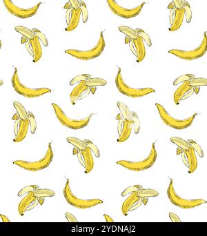 Nahtloses Vektor-Bananenmuster für tropisches Bannerdesign. Bananenhintergrund. Grafische handgezeichnete Buntstifte im Hintergrund. Bananen-Skizzenschmuck. Stock Vektor