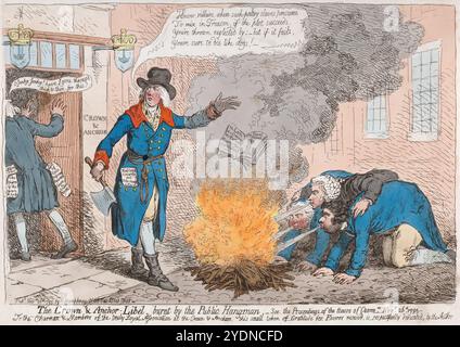 Ein humorvoller Cartoon von James Gillray, der einen handfarbenen Gravur der Verleumdung der Krone und des Ankers, die vom öffentlichen Henker verbrannt wurde, sowie eine Aquarellätzung auf Papier menschliche Karikaturen aus der georgianischen Ära des 18. Jahrhunderts 1795 Stockfoto