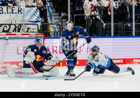 Daniel Schmoelz (ERC Ingolstadt Panther, #92) verpasst hier gegen Mathias Niederberger (Torwart, EHC Red Bull Muenchen, #35) und Jonathan Blum (EHC Red Bull Muenchen, #24). GER, EHC Red Bull München vs. ERC Ingolstadt Panther, Eishockey, DEL, 13. Spieltag, Saison 2024/2025, 27.10.2024. Foto: Eibner-Pressefoto/Franz Feiner Stockfoto