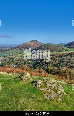 Caer Caradoc, Helmeth Hill und Wrekin von Ragleth Hill, Church Stretton, Shropshire Stockfoto