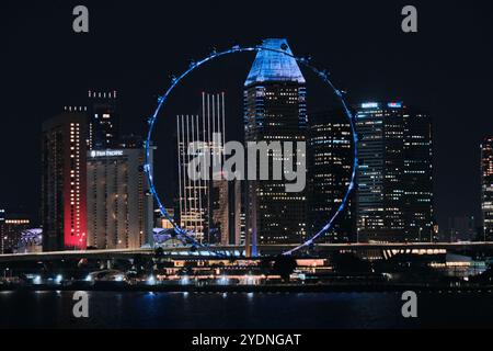 Singapur - 16. August 2024: Skyline der Stadt und das Singapore Flyer Ferris Rad in der Marina Bay bei Nacht Stockfoto