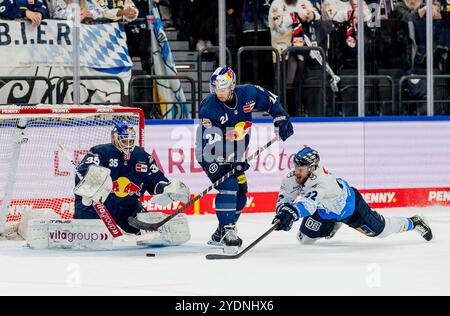 München, Deutschland. Oktober 2024. Daniel Schmoelz (ERC Ingolstadt Panther, #92) verpasst hier gegen Mathias Niederberger (Torwart, EHC Red Bull Muenchen, #35) und Jonathan Blum (EHC Red Bull Muenchen, #24). GER, EHC Red Bull München vs. ERC Ingolstadt Panther, Eishockey, DEL, 13. Spieltag, Saison 2024/2025, 27.10.2024. Foto: Eibner-Pressefoto/Franz feiner Credit: dpa/Alamy Live News Stockfoto