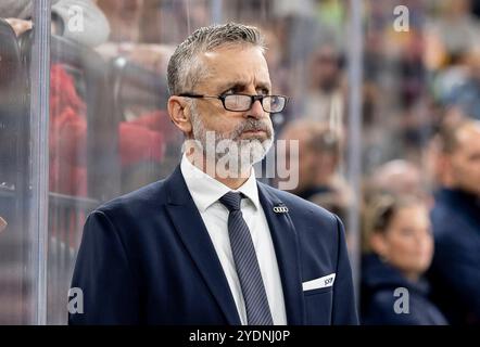 München, Deutschland. Oktober 2024. Mark French (Chef-Trainer, ERC Ingolstadt Panther) ist bedient, die Münchner haben eben das Tor zum 3:1 erzielt. GER, EHC Red Bull München vs. ERC Ingolstadt Panther, Eishockey, DEL, 13. Spieltag, Saison 2024/2025, 27.10.2024. Foto: Eibner-Pressefoto/Franz feiner Credit: dpa/Alamy Live News Stockfoto