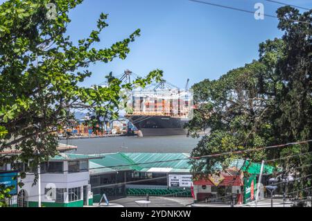 Navegantes-sc, brasilien-oktober 25,2024 dieses Bild zeigt ein Containerfrachtschiff, das im Hafen von Itajaí in Santa Catarina, Brasilien angedockt ist und mit Co beladen ist Stockfoto