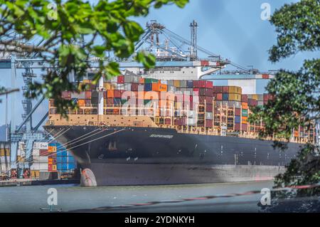 Navegantes-sc, brasilien-oktober 25,2024 dieses Bild zeigt ein Containerfrachtschiff, das im Hafen von Itajaí in Santa Catarina, Brasilien angedockt ist und mit Co beladen ist Stockfoto