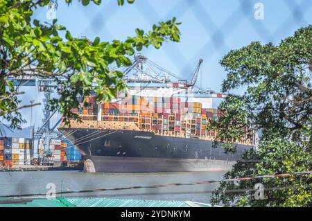 Navegantes-sc, brasilien-oktober 25,2024 dieses Bild zeigt ein Containerfrachtschiff, das im Hafen von Itajaí in Santa Catarina, Brasilien angedockt ist und mit Co beladen ist Stockfoto