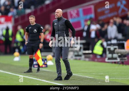 Manchester United Manager Erik Ten Hag frustrierte wütende Reaktionen während des Spiels West Ham United FC gegen Manchester United FC English Premier League im London Stadium, London, England, Großbritannien am 27. Oktober 2024 Credit: Every Second Media/Alamy Live News Stockfoto