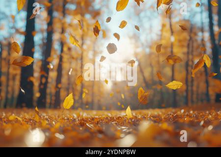 Blätter schweben sanft durch die Luft in einem ruhigen Wald, beleuchtet vom sanften Schein der untergehenden Sonne. Stockfoto