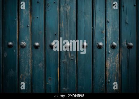 Eine wunderschön gefertigte Holztür zeigt einen tiefblauen Farbton mit runden schwarzen Knöpfen und rustikalem Charme. Stockfoto