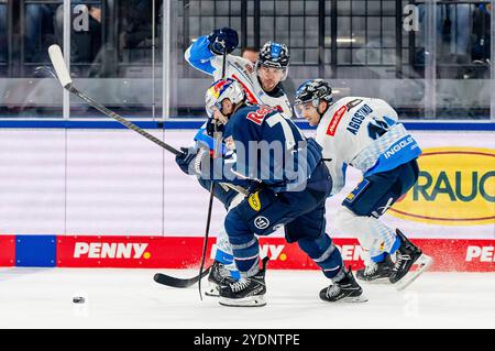 München, Deutschland. Oktober 2024. Kampf um den Puck von Adam Brooks (EHC Red Bull Muenchen, #77) mit Fabio Wagner (ERC Ingolstadt Panther, #5) und Kenny Agostino (ERC Ingolstadt Panther, #11). GER, EHC Red Bull München vs. ERC Ingolstadt Panther, Eishockey, DEL, 13. Spieltag, Saison 2024/2025, 27.10.2024. Foto: Eibner-Pressefoto/Franz feiner Credit: dpa/Alamy Live News Stockfoto