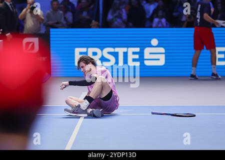 Wien, Wien, Österreich. Oktober 2024. Jack Draper aus Großbritannien, emotional After the MatchPoint ist während der ersten Bank Open auf dem Spielfeld - ATP500, Herren Tennis (Credit Image: © Mathias Schulz/ZUMA Press Wire) NUR REDAKTIONELLE VERWENDUNG! Nicht für kommerzielle ZWECKE! Stockfoto