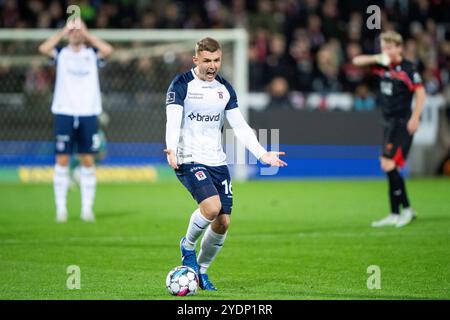 Herning, Dänemark. Oktober 2024. Der AGF Max Power reagiert am Sonntag, den 27. Oktober 2024, während des Superliga-Spiels zwischen dem FC Midtjylland und der AGF in der MCH Arena. (Foto: Bo Amstrup/Ritzau Scanpix) Credit: Ritzau/Alamy Live News Stockfoto