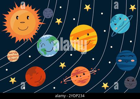 Poster mit süßen Planeten des Sonnensystems. Farbige, süße, lustige Charaktere, Sonne und Planeten. Fantasy-Planeten-Poster für Kindertextilien, Verpackung Stock Vektor