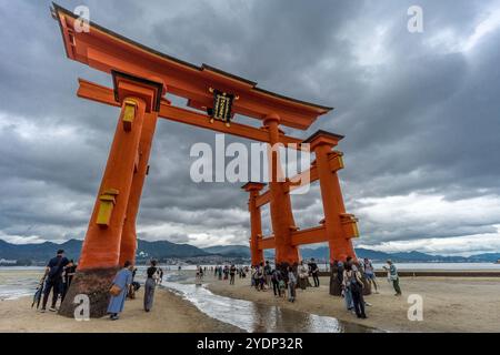 Hiroshima, Japan - 19. August 2024 : Weitwinkelblick auf Besucher, die bei Ebbe um das große schwimmende O-Torii-Tor am Itsukushima-Schrein laufen. Stockfoto