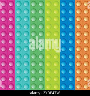 Nahtloses Muster mit trendigen Spiel Pop it, einfache Grübchen. Regenbogen-Fidget-Spielzeug. Farbenfroher Anti-Stress-Hintergrund. Doodle-Stil. Blasen knallen quadratisch Stock Vektor