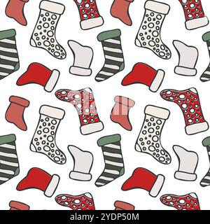 Nahtloses Muster mit festlichen handgezeichneten Vektor bunten Weihnachtssocken für Weihnachtsdesigns, Dekor, Textil, Grußkarten, digitale Projekte und Stock Vektor