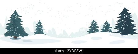 Eine ruhige Winterlandschaft mit schneebedeckten Bäumen und sanftem Schneefall vor hellem Hintergrund. Vektorabbildung Stock Vektor